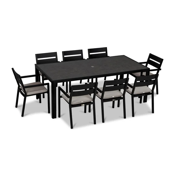 Calm Bay 9 Pc Rectangular Aluminum Dining Set in Black/Cast Silver by Lakeview Outdoor Designs