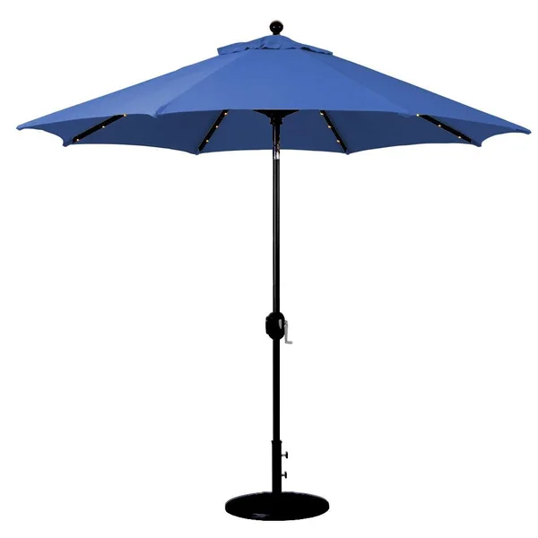 Galtech 9 Ft. Lighted LED Octagonal Aluminum Patio Market Umbrella W/ Crank Lift And Auto Tilt - Black Frame W/ Sunbrella Canvas True Blue Canopy