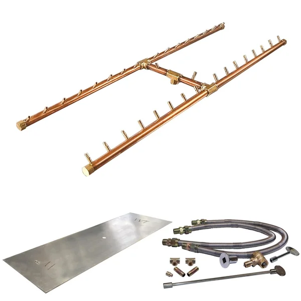 Warming Trends 62 X 25-Inch Linear Natural Gas Fire Pit Burner Kit W/ 48 X 14-Inch H-Style CROSSFIRE Brass Burner - Match Light Ignition - CFBH340NGALPL6225FK2