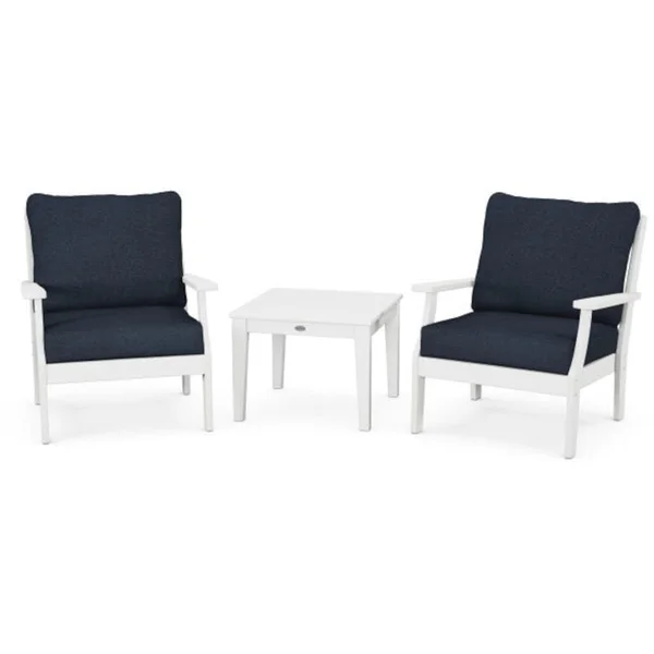 Braxton 3 Pc Recycled Plastic Seating Set in White/Marine Indigo by POLYWOOD