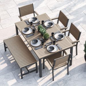 Oxford Garden Travira 6 Piece Carbon Aluminum Patio Dining Set W/ Vintage Tekwood Armchairs, 63-Inch Rectangular Vintage Tekwood Table & Backless Bench