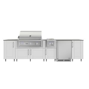 WeatherStrong Nassau 10 1/2 Ft Outdoor Kitchen Island w/ Lynx Natural Gas Grill, Side Burner & Refrigerator in Shell White/Glacier Frost