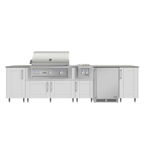 WeatherStrong Nassau 10 1/2 Ft Outdoor Kitchen Island w/ Lynx Natural Gas Grill, Side Burner & Refrigerator in Shell White/Glacier Frost