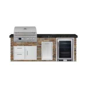 BBQGuys Signature 8 Ft Outdoor Kitchen Island w/ 32 Inch Natural Gas Blaze LTE PRO Grill, Beverage Center & Narrow Trash Bin | Gold Rush w/ Black Granite