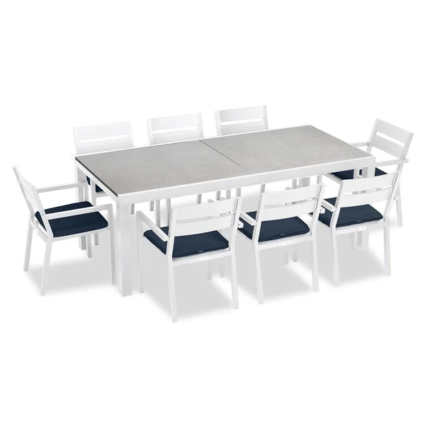 Calm Bay 9 Pc Extendable Aluminum Dining Set in White/Concrete/Spectrum Indigo by Lakeview Outdoor Designs