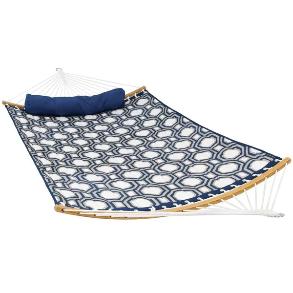 Ultimate Patio Quilted Hammock w/ Curved Bamboo Spreader Bars - Navy and Gray Octagon