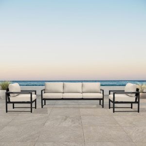 Avenue Bay 3 Pc Aluminum Sofa Club Chair Set in Black/Canvas Flax by Lakeview Outdoor Designs