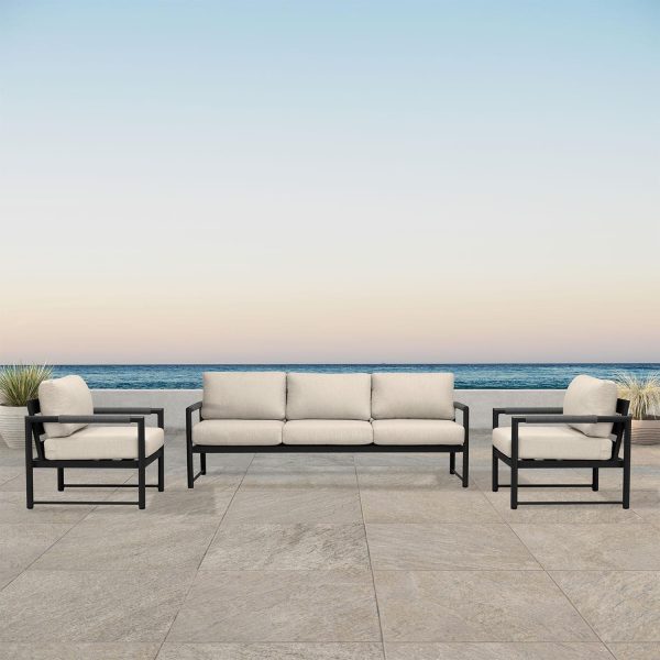 Avenue Bay 3 Pc Aluminum Sofa Club Chair Set in Black/Canvas Flax by Lakeview Outdoor Designs