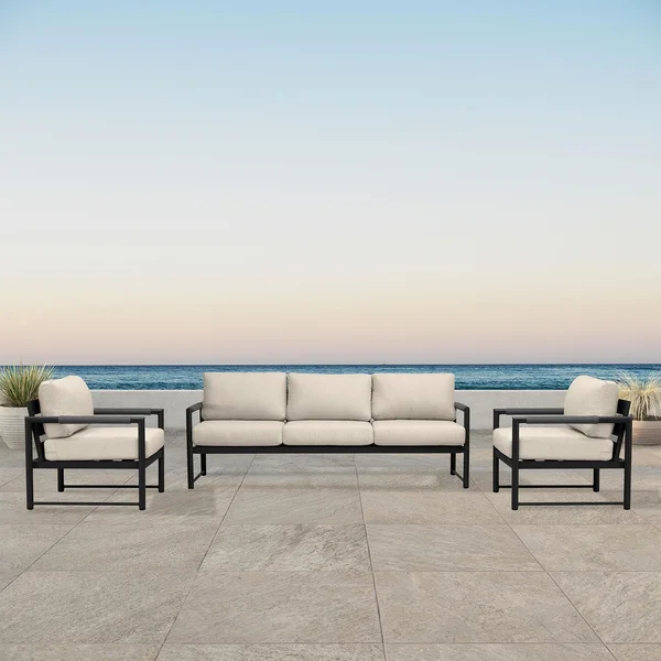 Avenue Bay 3 Pc Aluminum Sofa Club Chair Set in Black/Canvas Flax by Lakeview Outdoor Designs