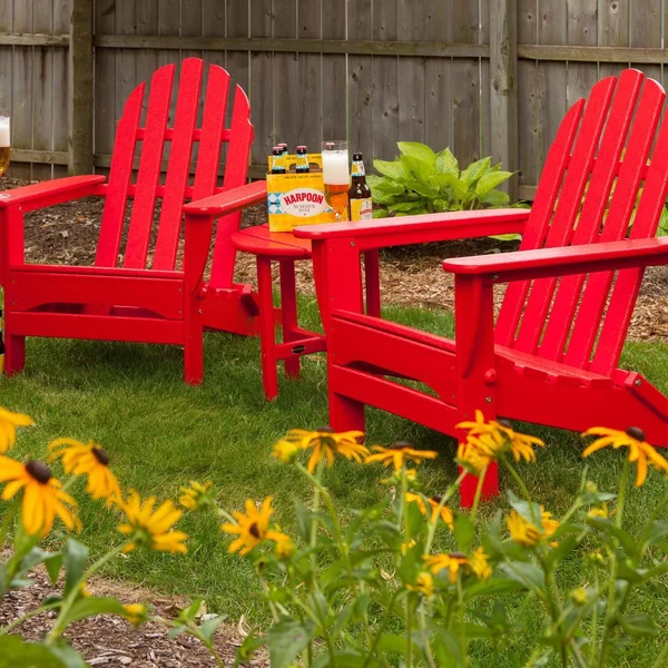 Classic Adirondack 3 Pc Recycled Plastic Seating Set w/ Folding Chairs in Sunset Red by POLYWOOD