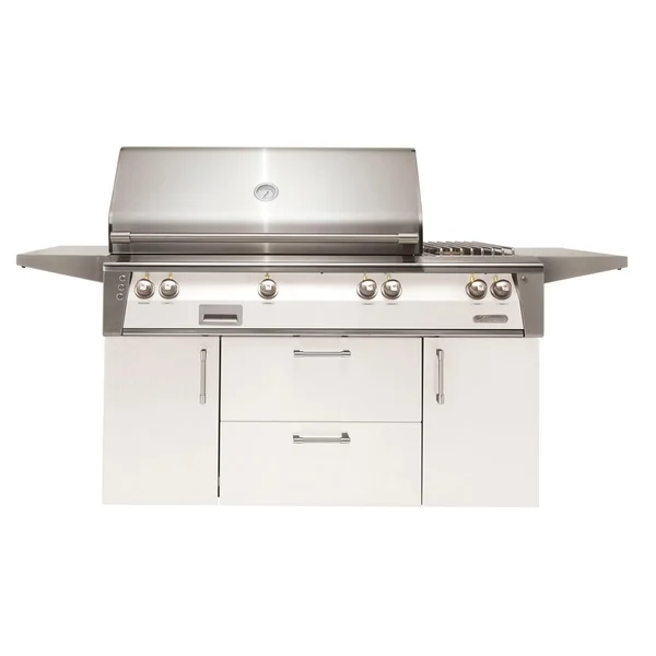 Alfresco ALXE 56-Inch Freestanding Natural Gas Deluxe Grill With Sear Zone, Rotisserie, And Side Burner in Signal White Gloss - ALXE-56SZC-NG-S9003