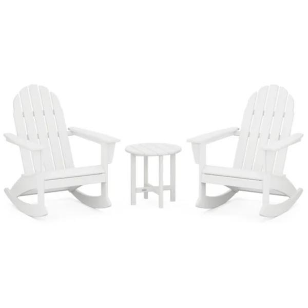 Vineyard 3 Pc Recycled Plastic Adirondack Rocking Chair Set in White by POLYWOOD