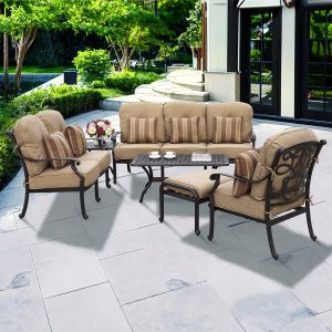 Santa Monica 6 Pc Cast Aluminum Seating Set w/ Series 30 Tables & Throw Pillows in Antique Bronze/Sesame by Darlee