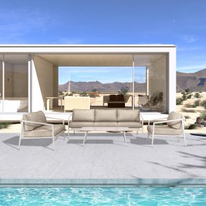 Midnight Cove 4 Pc Aluminum Seating Set w/ Sofa & Loveseat in Urban Stone/Canvas Flax by Lakeview Outdoor Designs