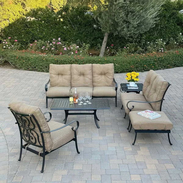 Santa Anita 6 Pc Cast Aluminum Sofa Seating Set w/ Series 88 Tables & Chair in Antique Bronze/Linen Sesame by Darlee