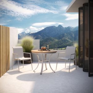 Orso 3 Pc Soft Sling & Aluminum Arm Chair Bistro Set W/ Natural Tekwood Table Top in Flint/Fog By Oxford Garden