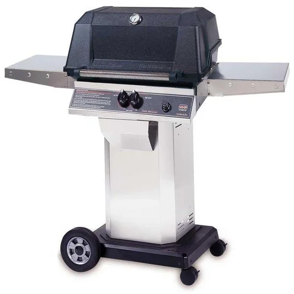 MHP WNK4DD Propane Gas Grill With Stainless Steel Shelves And Stainless Grids On Stainless Cart