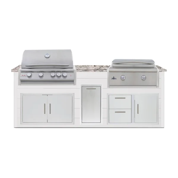 BBQGuys Signature 8 Ft Outdoor Kitchen Island w/ 32 Inch Natural Gas Blaze LTE+ Grill & Griddle & Narrow Trash Bin | Crystal White w/ White Granite