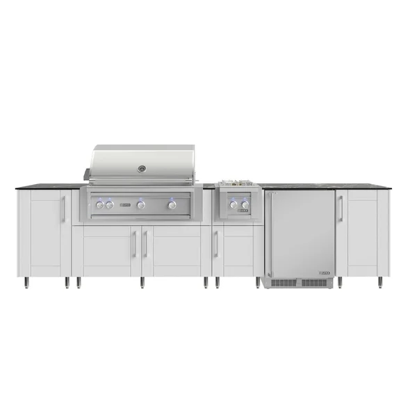 WeatherStrong Nassau 10 1/2 Ft Outdoor Kitchen Island w/ Lynx Natural Gas Grill, Side Burner & Refrigerator in Shell White/Midnight Ice