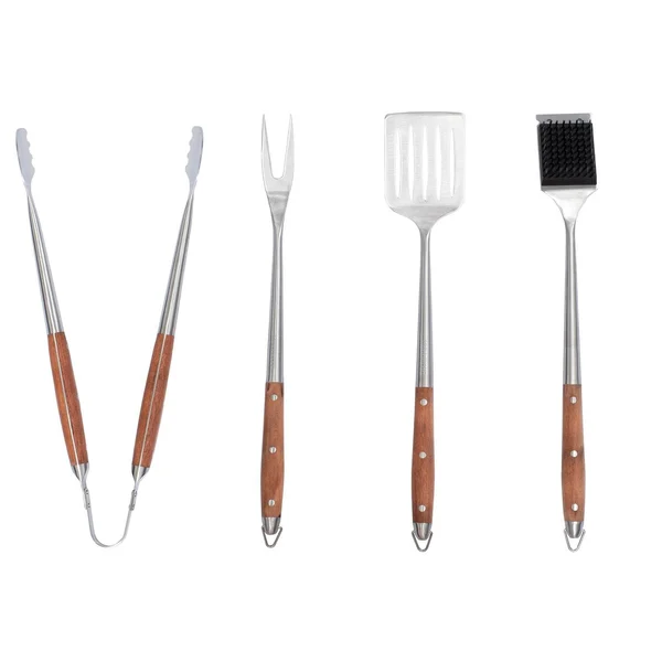 BBQGuys Signature 4-Piece Stainless Steel W/ Wooden Handles Tool Set - BBQ-4PCW-TST