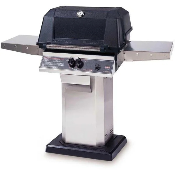 MHP WNK4DD Propane Gas Grill With Stainless Steel Shelves And SearMagic Grids On Stainless Patio Base