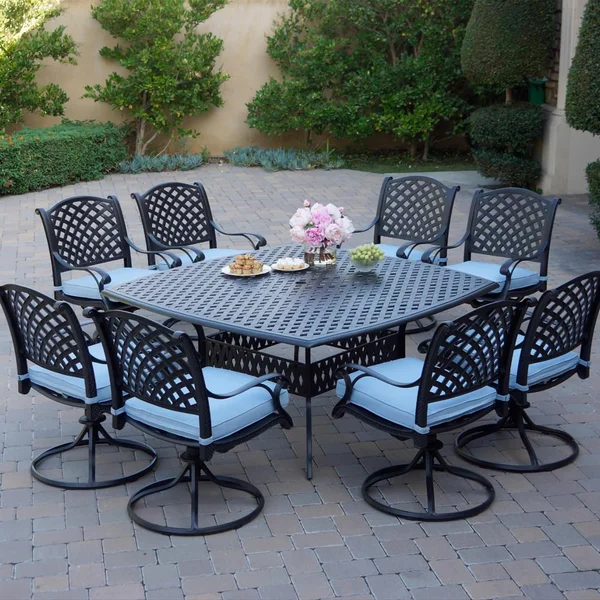 Nassau 9 Pc Cast Aluminum Dining Set in Antique Bronze w/ Blue Cushions By Darlee