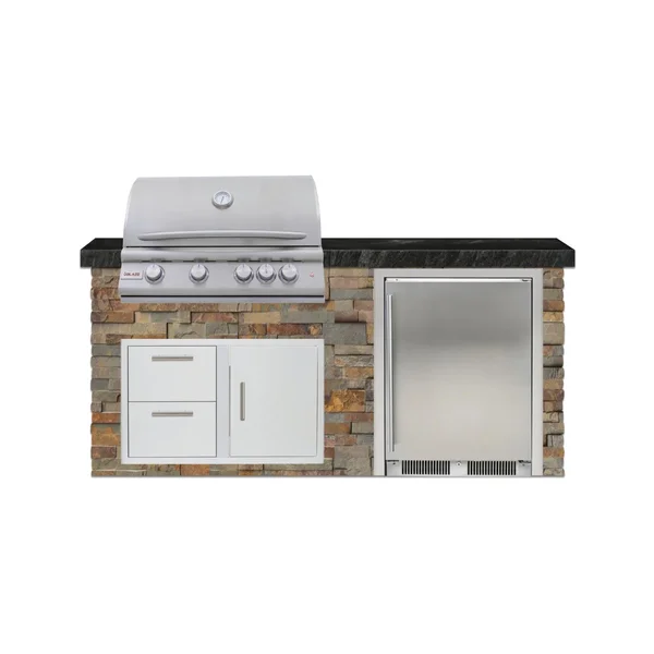 BBQGuys Signature 6 Ft Outdoor Kitchen Island w/ 32 Inch Propane Blaze LTE+ Grill & Refrigerator | Gold Rush w/ Black Granite