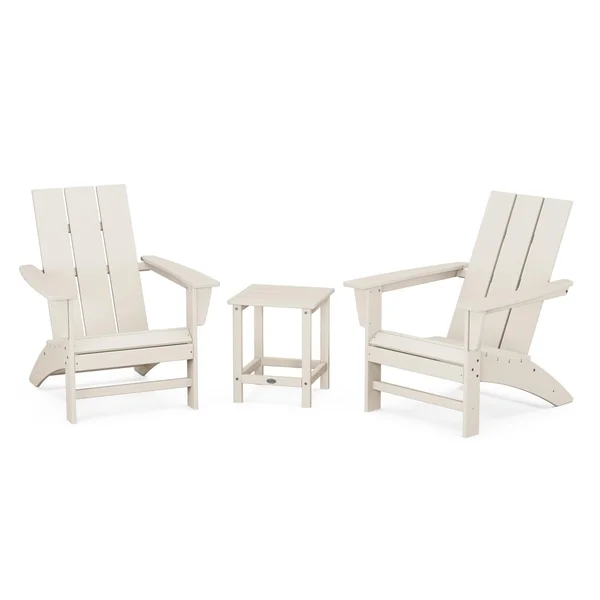 Modern Adirondack 3 Pc Recycled Plastic Seating Set w/ Long Island End Table in Sand by POLYWOOD