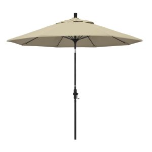 California Umbrella 9 Ft. Octagonal Aluminum Collar Tilt Patio Umbrella W/ Crank Lift & Fiberglass Ribs - Matted Black Frame / Sunbrella Canvas Antique Beige Canopy