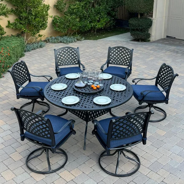 Nassau 8 Pc Cast Aluminum Dining Set in Antique Bronze w/ Navy Cushions By Darlee