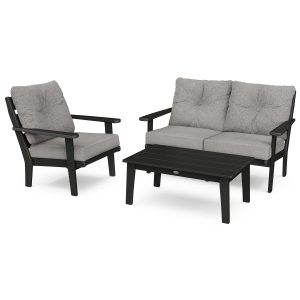 Lakeside 3 Pc Recycled Plastic Loveseat Seating Set in Black/Gray Mist by POLYWOOD