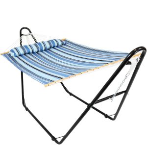 Ultimate Patio Quilted Double Hammock w/ Universal Multi-Use Stand & Pillow - Misty Beach