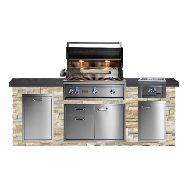 BBQGuys Signature 8ft Luxury Outdoor Kitchen w/ Lynx Professional 36-Inch Propane Grill & Power Burner - Golden Honey Stone w/ Black Polished Granite