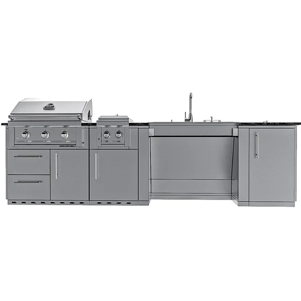 Sunstone Grills Summit 10 Ft Outdoor Kitchen Island w/ Natural Gas Grill & Side Burner, Sink, Door & Drawer