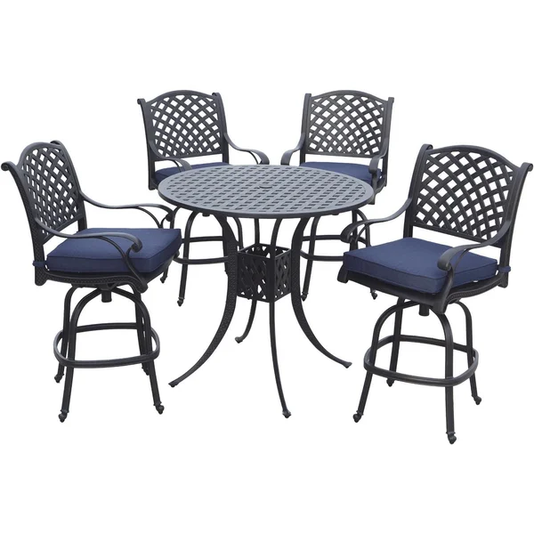 Nassau 5 Pc Cast Aluminum Bar Set w/ 42 Inch Round Series 30 Table in Antique Bronze/Navy by Darlee