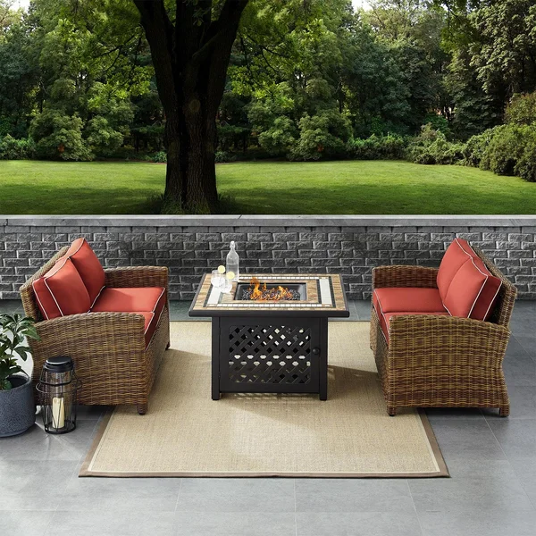 Branchwood 3 Pc Wicker Loveseat Set w/ Fire Table in Weathered Brown/Sangria by Ultimate Patio