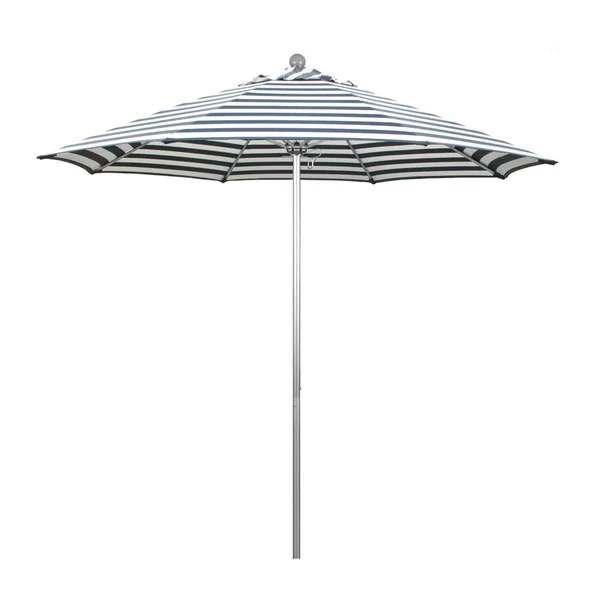 California Umbrella Venture Series 9 Ft Octagonal Aluminum Patio Umbrella W/ Push Lift & Fiberglass Ribs - Silver Anodized Frame / Olefin Navy White Cabana Stripe Canopy