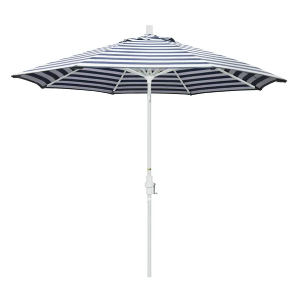 California Umbrella Golden State Series 9 Ft Octagonal Aluminum Collar Tilt Patio Umbrella W/ Crank Lift - Matted White Frame / Olefin Navy White Cabana Stripe Canopy