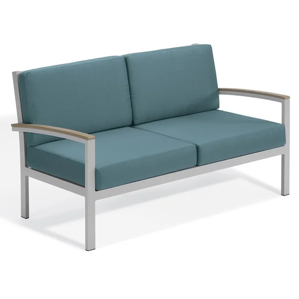 Travira Aluminum Loveseat w/ Vintage Tekwood Arm Caps in Flint/Ice Blue by Oxford Garden