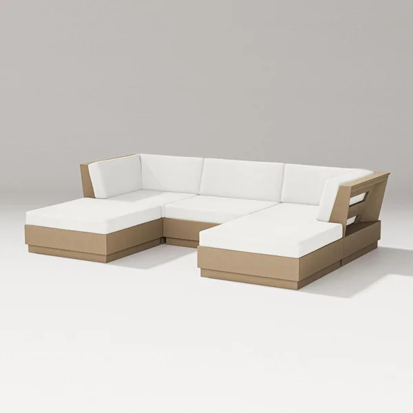 Elevate 5 Pc Recycled Plastic Double Chaise Sectional Seating Set in Vintage Sahara/Natural Linen By PW Designer Series