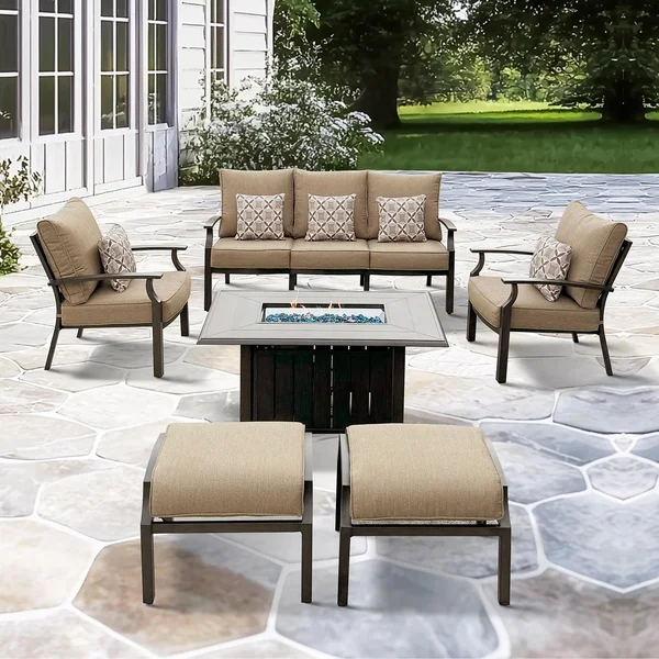 Brooklyn 6 Pc Aluminum Fire Pit Seating Set in Multi Brown/Sesame by Darlee