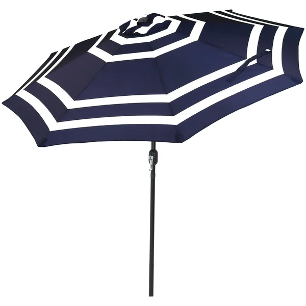 Ultimate Patio 9 Ft. Octagonal Aluminum Patio Market Umbrella W/ Crank & Tilt - Black Frame & Navy Blue Stripe Polyester Canopy
