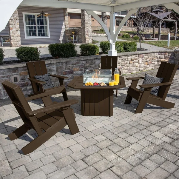 Harborview 5 Pc Recycled Plastic Adirondack Seating Set w/ Fire Pit Table in Weathered Acorn by Lakeview Outdoor Designs
