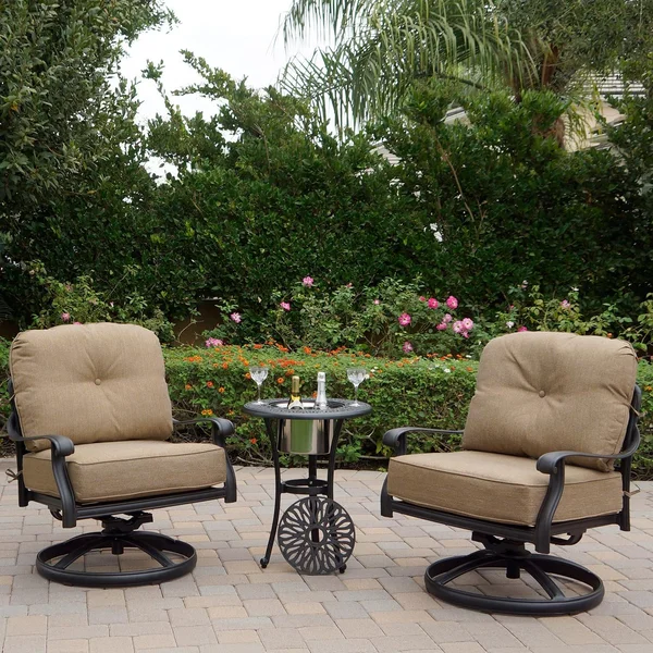 Elisabeth 3 Pc Cast Aluminum Seating Set w/ 21 Inch Round Ice Bucket End Table & Swivel Rockers in Antique Bronze/Sesame by Darlee