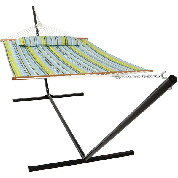 Ultimate Patio Quilted Double Hammock w/ Heavy-Duty Stand & Pillow - Blue/Green Stripe