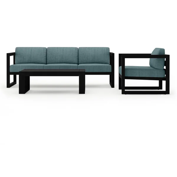 Misty Cove 3 Pc Aluminum Seating Set w/ Sofa & Portal Coffee Table in Black/Cast Lagoon by Lakeview Outdoor Designs