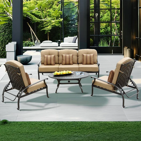 Nassau 4 Pc Cast Aluminum Seating Set w/ 46 X 31 Inch Oval Table w/ Reclining Chairs & Throw Pillows in Antique Bronze/Sesame by Darlee