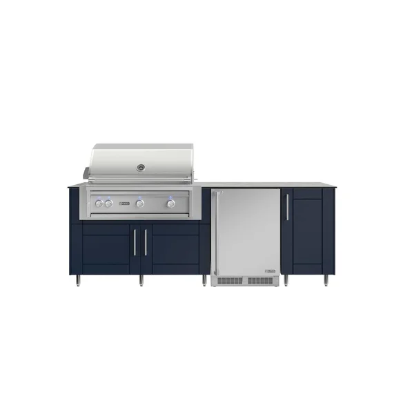 WeatherStrong Bimini 7 1/2 Ft Outdoor Kitchen Island w/ Lynx Natural Gas Grill & Refrigerator in Sapphire Blue/Glacier Frost
