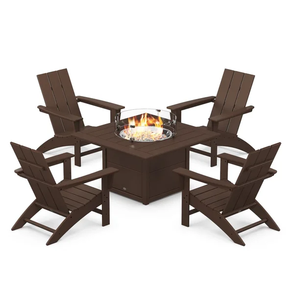 Modern Adirondack 5 Pc Recycled Plastic Fire Pit Seating Set in Mahogany by POLYWOOD