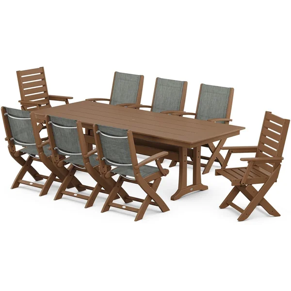 POLYWOOD x BBQGuys Creekside 9 Pc Recycled Plastic Dining Set W/ Birch Sling in Teak